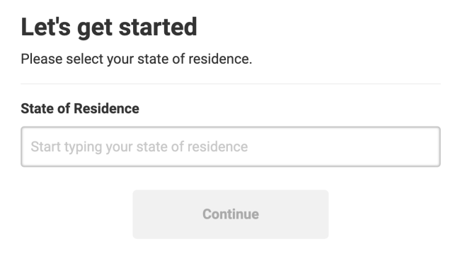 Prompt from MoneyKey's website requesting the user's state of residence.